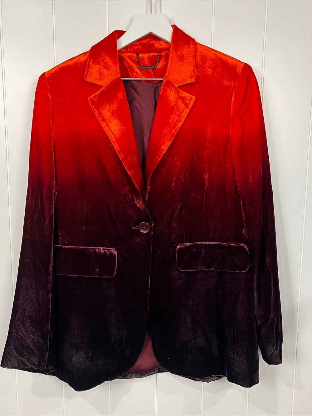 Elie Tahari Velvet Blazer 8 Red Orange Plum Ombré Lined 1 Button Close EUC